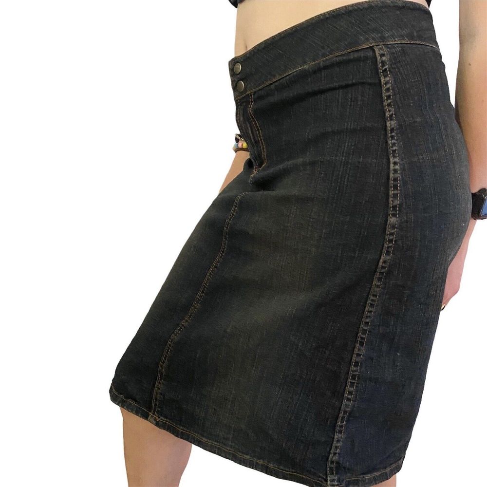 Women Vintage Denim Skirt S Small Y2K knee length Midi Dark Blue Pencil Bodycon